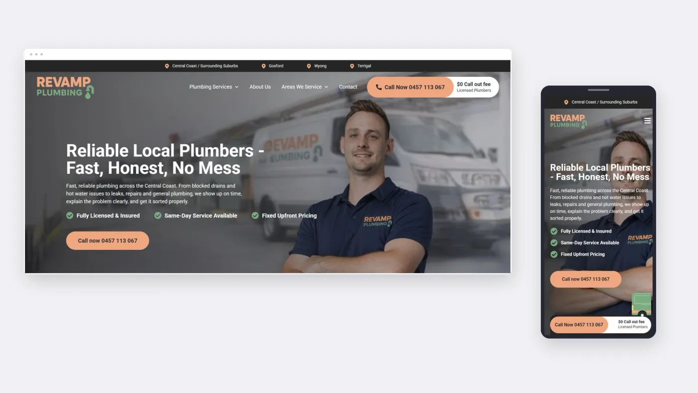 Revamp Plumbing website shown on desktop and mobile.