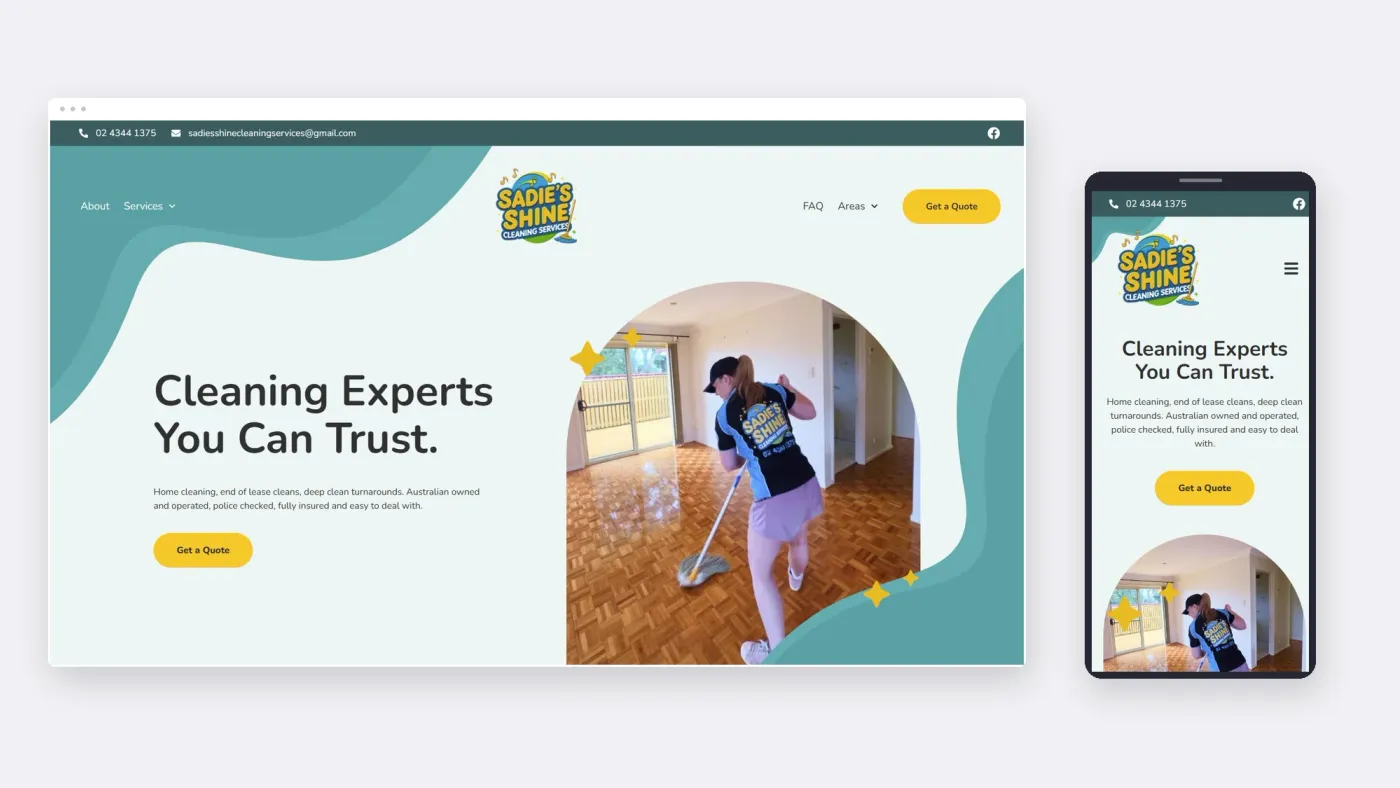 Sadie’s Shine Cleaning website shown on desktop and mobile.